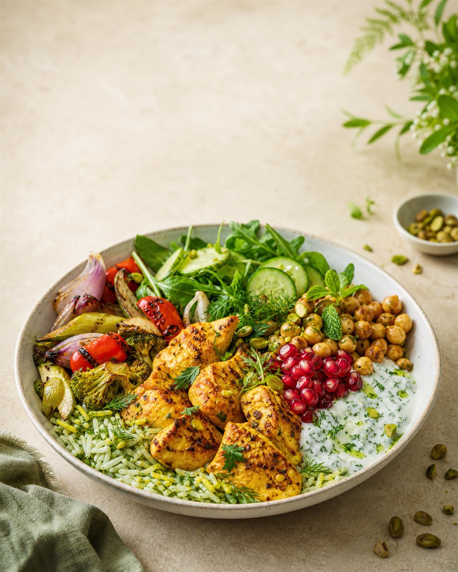 کاسه غذای سالم با مرغ و سبزیجات
